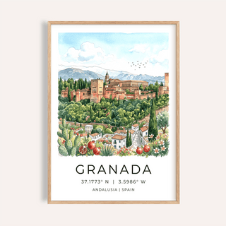 Framed Granada Spain art print of the Alhambra fortress with greenery and blue sky