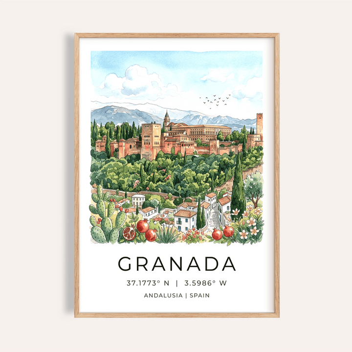Framed Granada Spain art print of the Alhambra fortress with greenery and blue sky