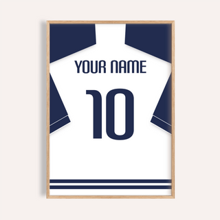 Football Shirt Poster in White with Navy Sleeves and Navy Number