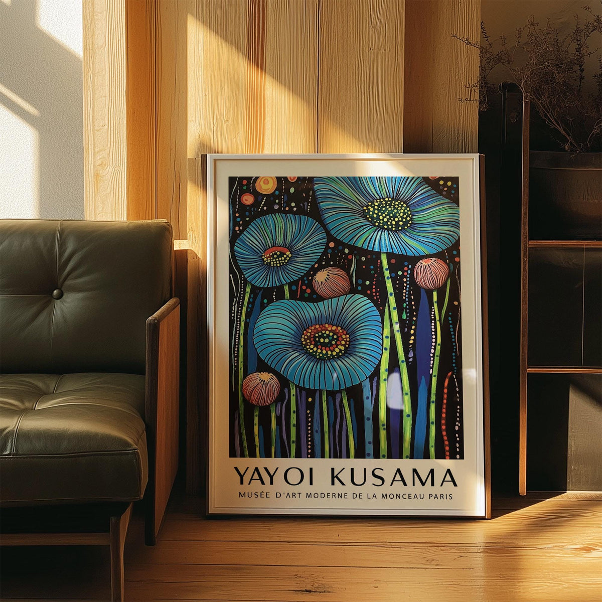 Framed wall art floral with blue poppy flowers and abstract stems leaning against wooden panel wall by a green armchair