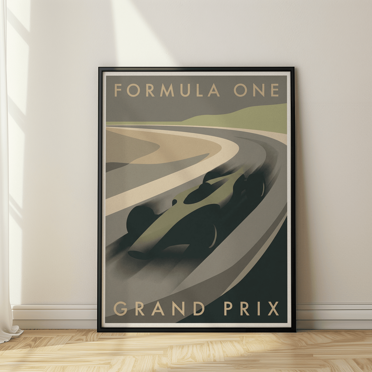 Angled race car wall art print highlighting sweeping track curves and clean typography