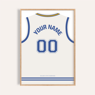 Framed Basketball Jersey Poster in White with Blue Number with minimalist blue and yellow trim