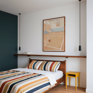 Vintage basketball wall art of an empty court with a ball above a bed with striped cushions in a bedroom
