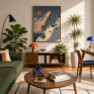 Art Deco Mountain Poster print of a snowy alpine peak with an orange sun in a stylish living room