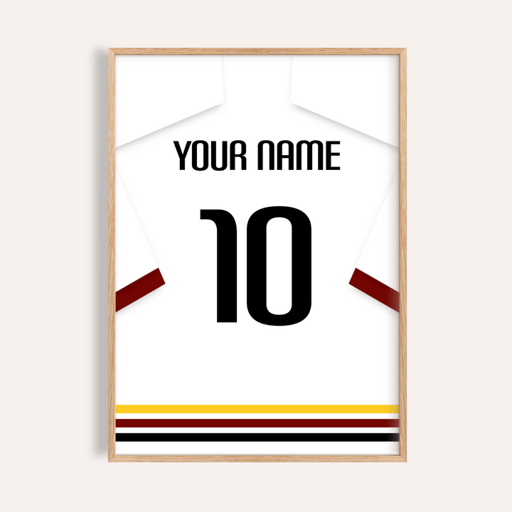 Framed Football Shirt Poster in White with Black Red and Gold Hem Stripes showing number 10 and Your Name text