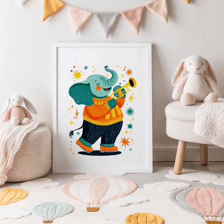Musical Animal Poster print leaning on floor with stuffed bunnies in a children's room