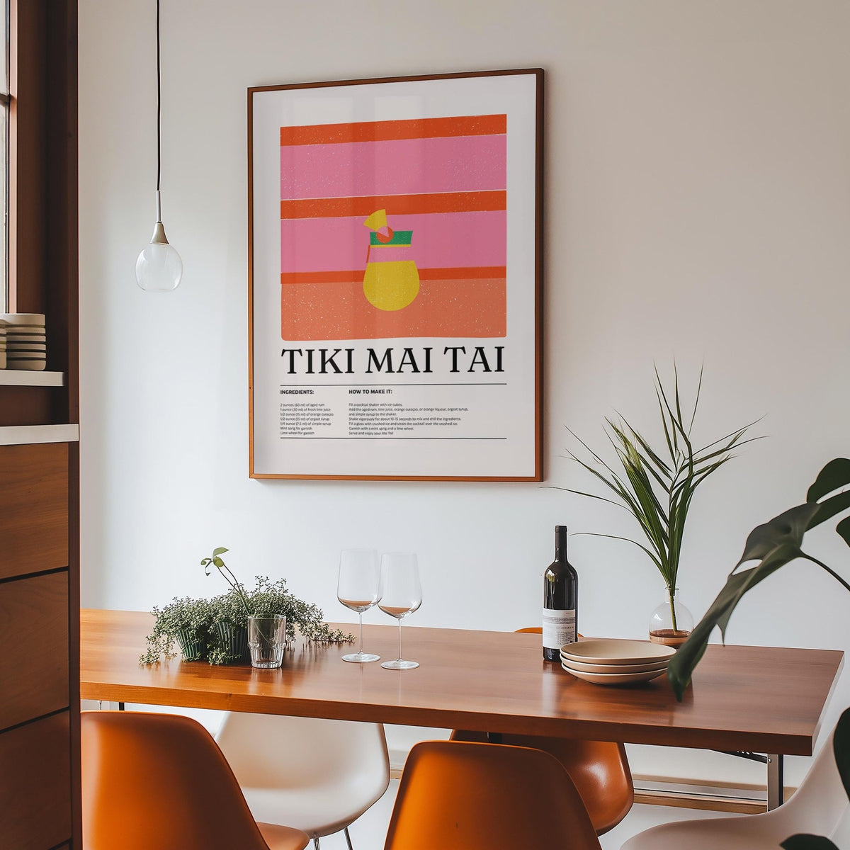 Bar wall art showing a tiki mai tai cocktail in minimal pink and orange above a wood dining table with glasses and plants