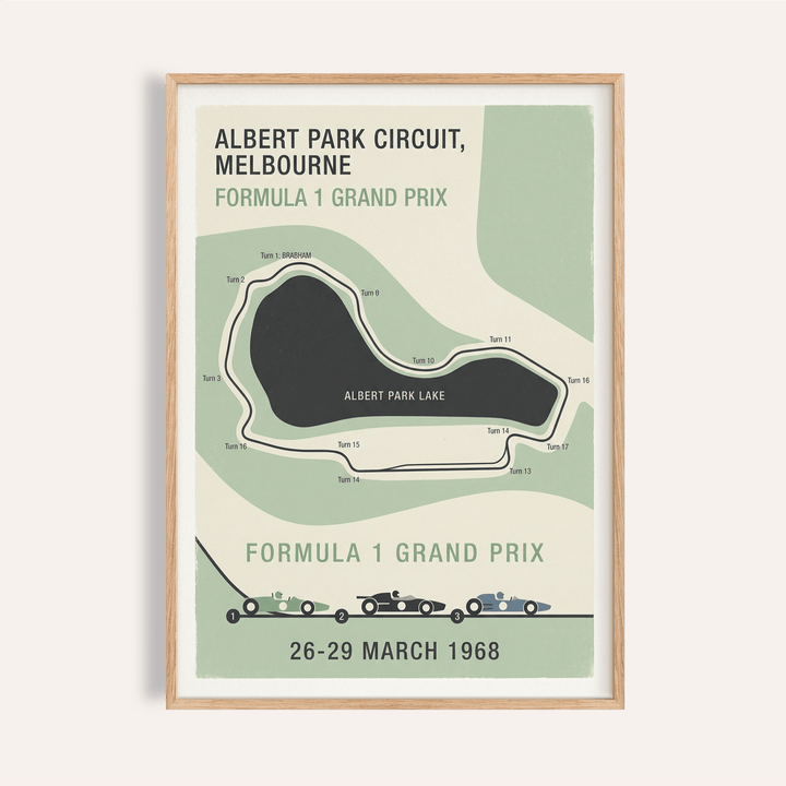 Framed Melbourne Park Circuit Poster showing a minimalist map with green and cream tones