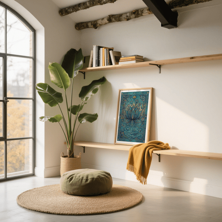 Print leaning on a wooden shelf showing lotus flower with birds and dragonflies on a teal background in a bright room