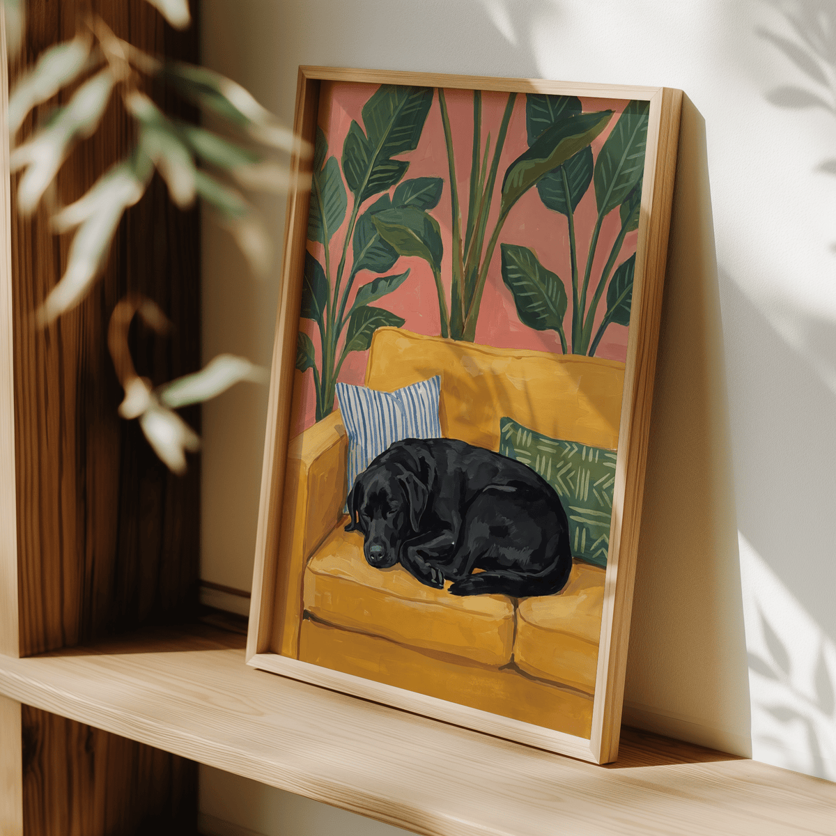 Framed Black Lab wall art of a sleeping black Labrador on a mustard sofa with green plants on a shelf