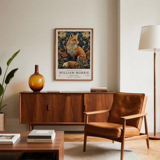 William Morris Fox Print on a wall with a brown leather armchair and amber vase nearby