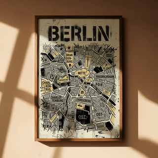 Framed Berlin City Map wall art of Berlin districts with black and yellow abstract details in sunlight