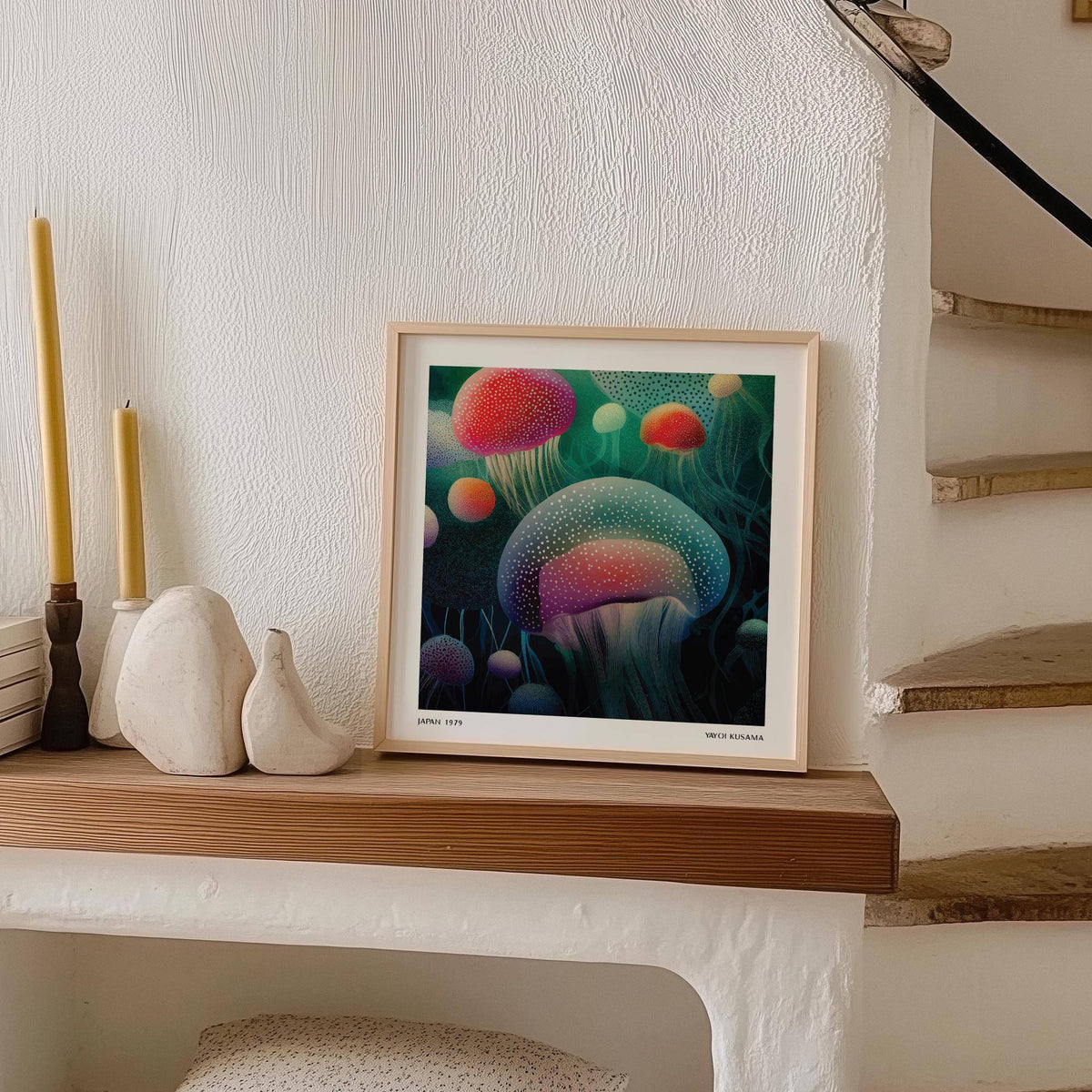 Ocean Prints print of glowing jellyfish in red and green tones leaning on a shelf with candles