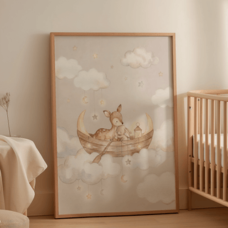 Cute Nursery Wall Art print leaning against a wall next to a wooden cot with soft pastel colours