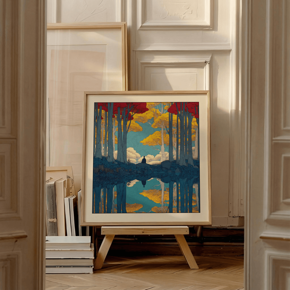 Framed print close-up of a peaceful figure by lake with red and yellow autumn trees leaning on wooden easel