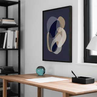 Prints Abstract Art framed print with beige and grey organic shapes above wooden desk with glass orb