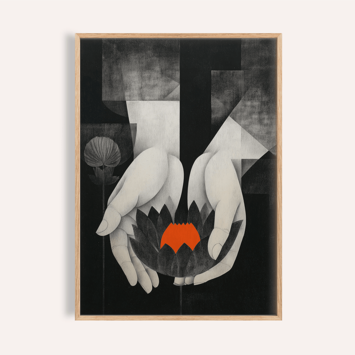 Framed Padma wall art showing hands holding a lotus flower in black white and bright orange