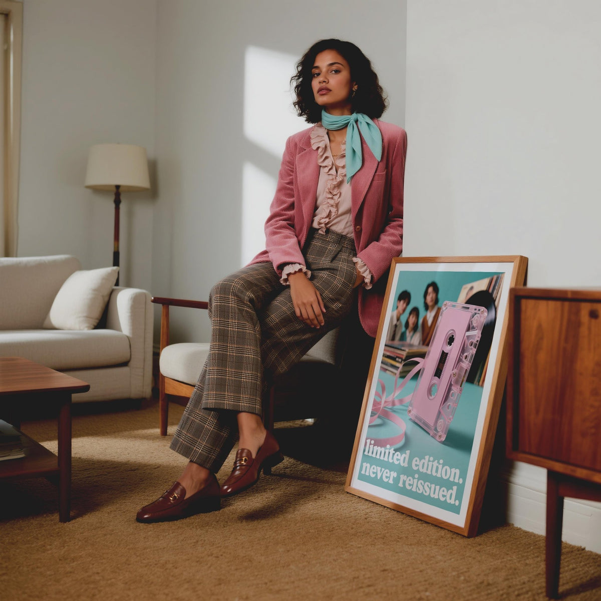 Poster Vintage Music leaning on the floor next to a woman in a pink jacket in a sitting room
