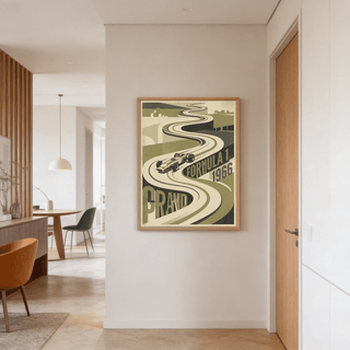 Vintage Grand Prix Car Poster print on a wall in a hallway with beige and wooden tones