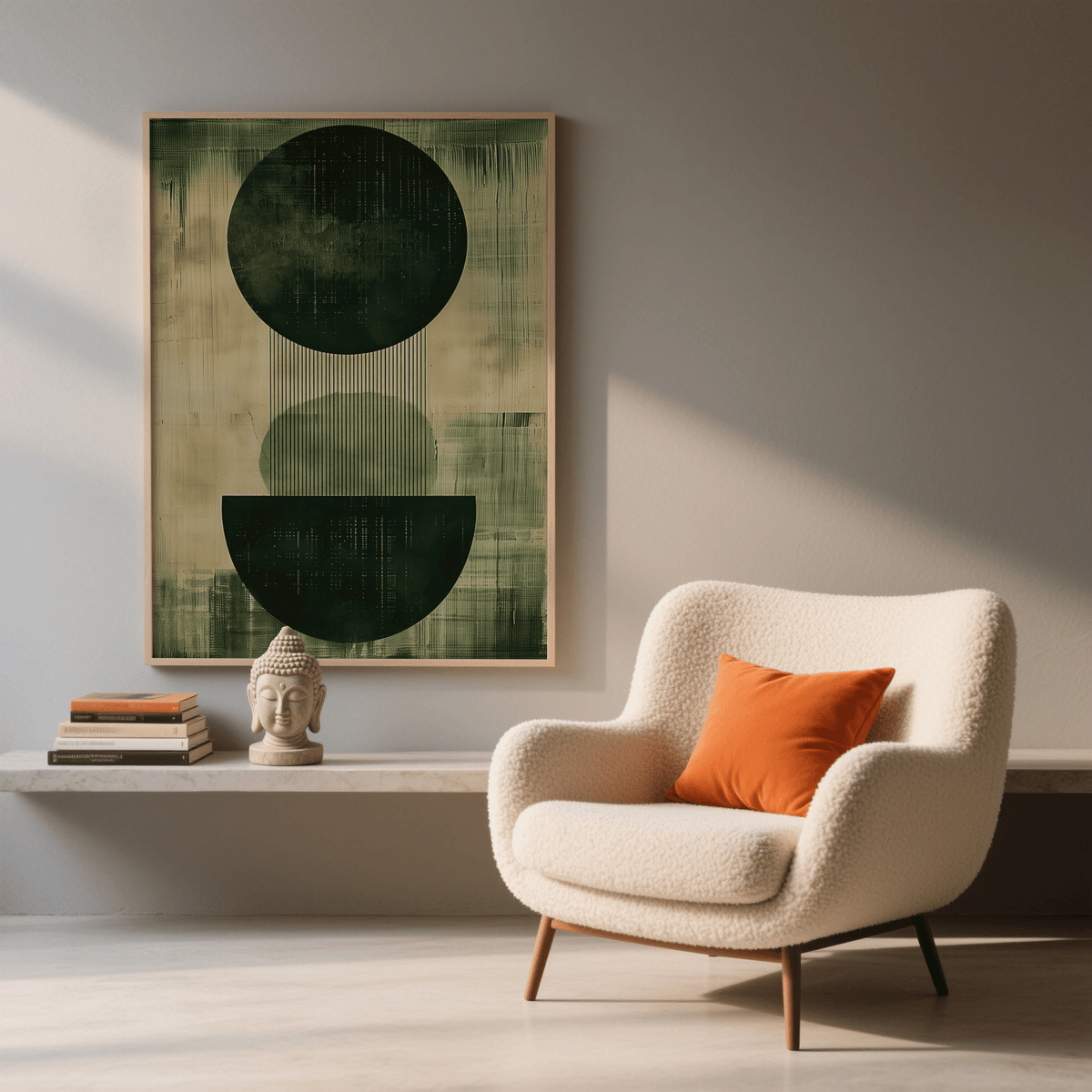 Green Wabi Sabi Print in a neutral room above a shelf with a Buddha head sculpture