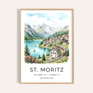 Framed print close-up of Swiss landscape art print featuring a mountain village and lake in watercolour style