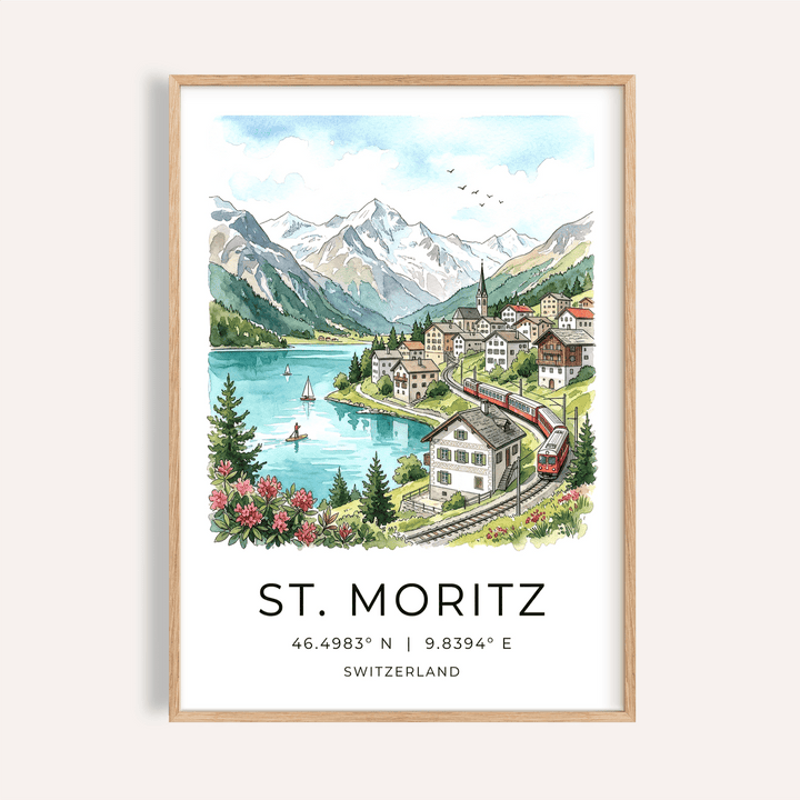 Framed print close-up of Swiss landscape art print featuring a mountain village and lake in watercolour style