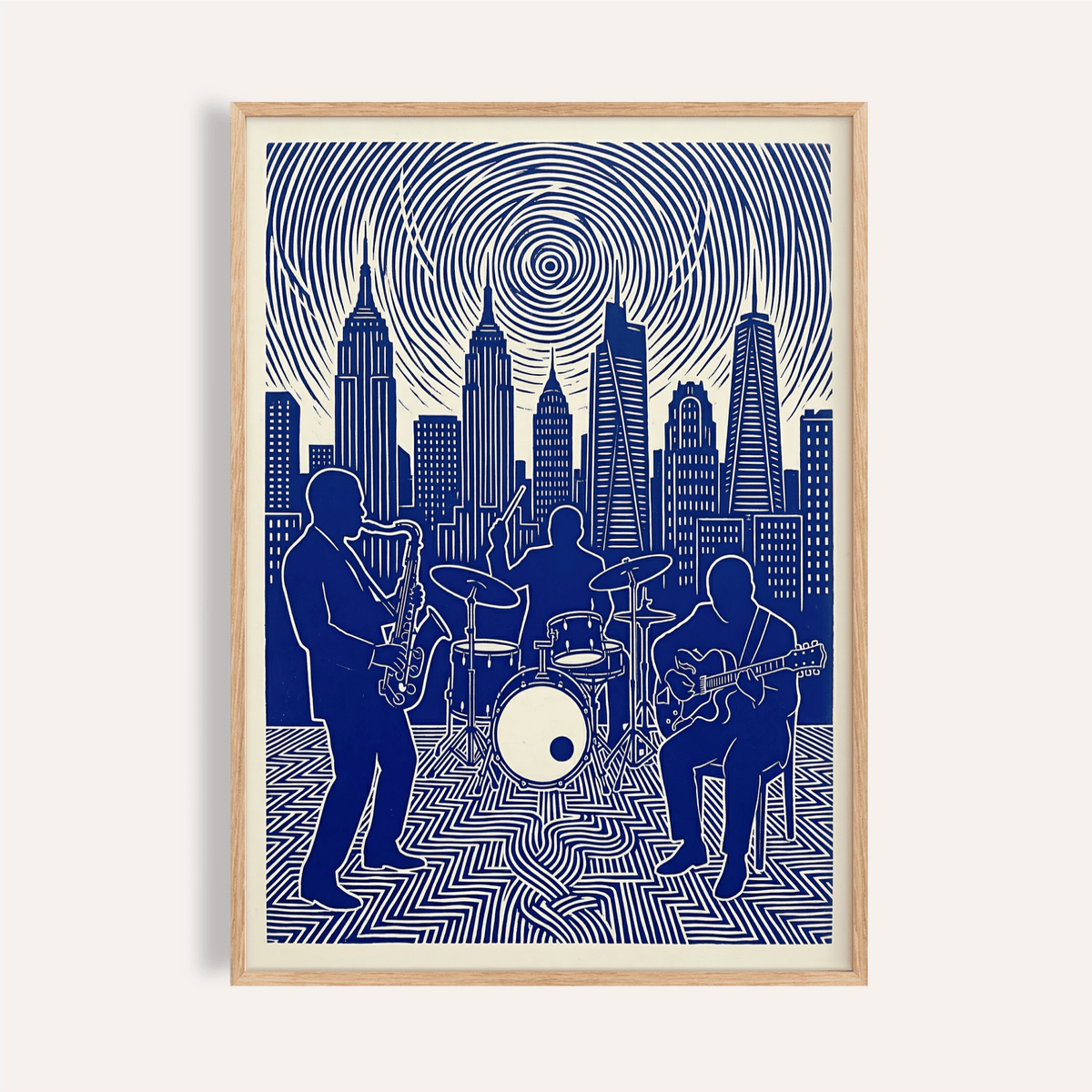 Framed jazz band wall art in blue and white line-art with city skyline background