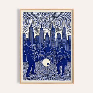 Framed jazz band wall art in blue and white line-art with city skyline background