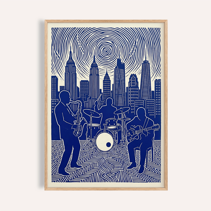 Framed jazz band wall art in blue and white line-art with city skyline background