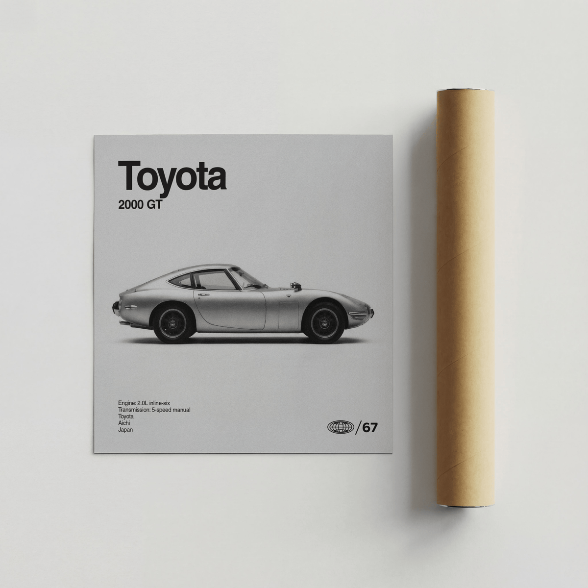 Classic Japanese Sports Car Poster flat print with a beige packaging tube on a pale background