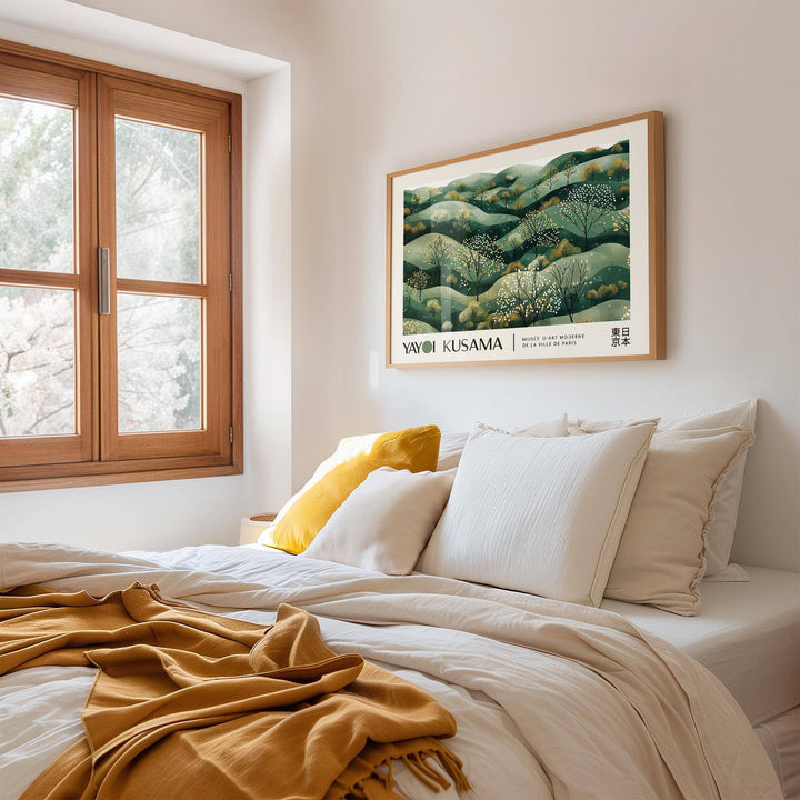 Japanese Prints for Sale framed print of a green and gold hilly landscape above a white bed with yellow pillows