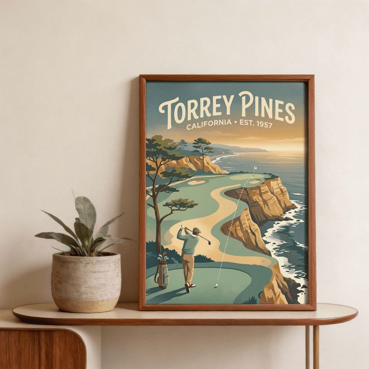 Framed Clifftop Golf wall art illustrating a golfer at a cliff course with vintage colours on a shelf with a plant