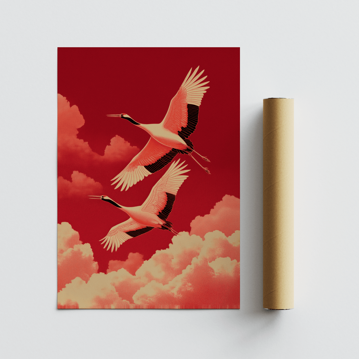 Rolled print of flying cranes wall art with red clouds on a grey background