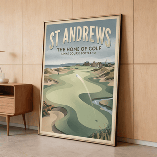 Scottish Links Golf Print leaning on a wooden floor with retro sideboard nearby