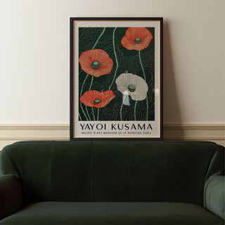Extra Large Floral Wall Art with red and white poppies in a minimalist style above a dark green sofa