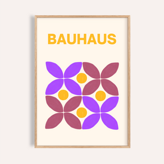 Framed print close-up of Floral Shape Art with purple and brown abstract flower shapes and yellow text