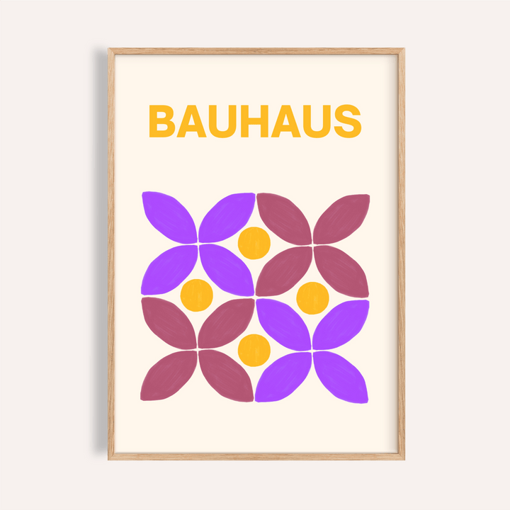 Framed print close-up of Floral Shape Art with purple and brown abstract flower shapes and yellow text