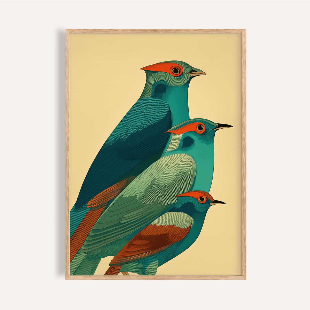 Colorful bird art print of three stylized teal birds with orange accents in a wood frame