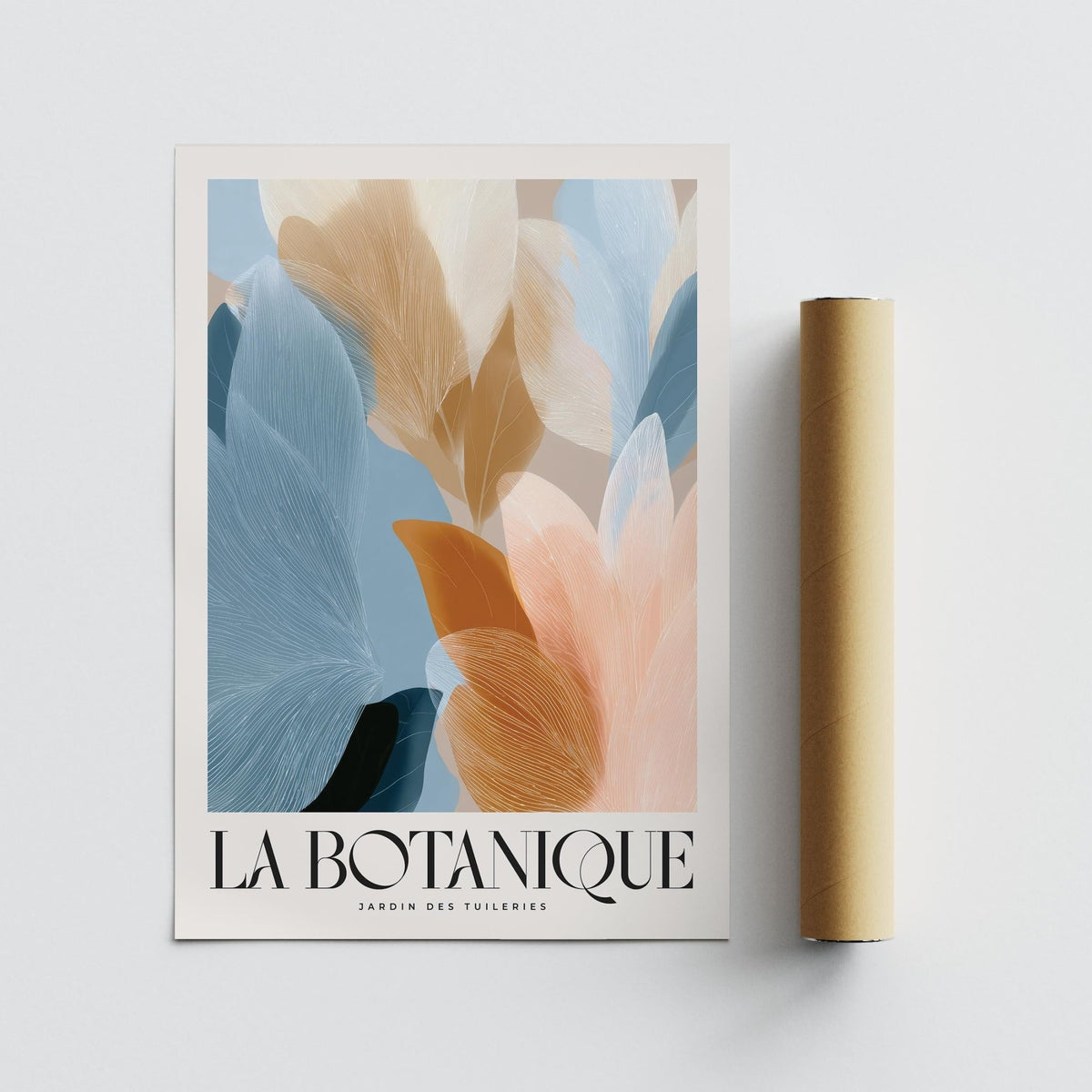 Blue Pink Wall Art showing abstract botanical leaves in blue pink and beige colours with text below