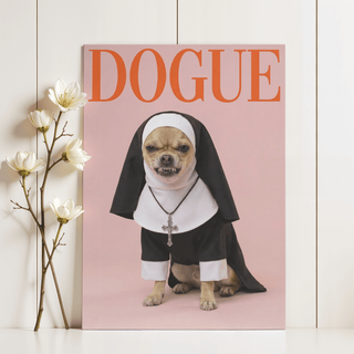 Print of Chihuahua Nun Costume Art with black and white dog costume and orange text leaning against a wall beside flowers