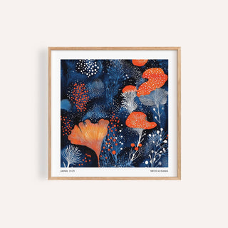 Unique Living Room Wall Art featuring abstract floral shapes in blue and orange tones