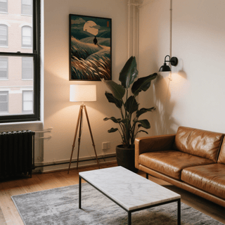 Japanese Landscape Art print on a wall in a living room with a brown leather sofa and a large green plant