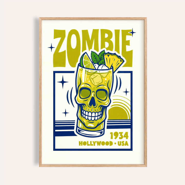 Framed print close up of Zombie Cocktail Art Print showing a yellow and blue skull cocktail illustration