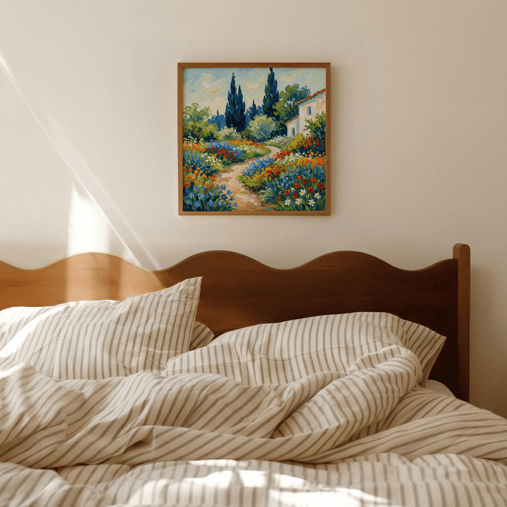 Print of Vibrant Flower Art showing a garden pathway with colourful flowers above a wooden bed