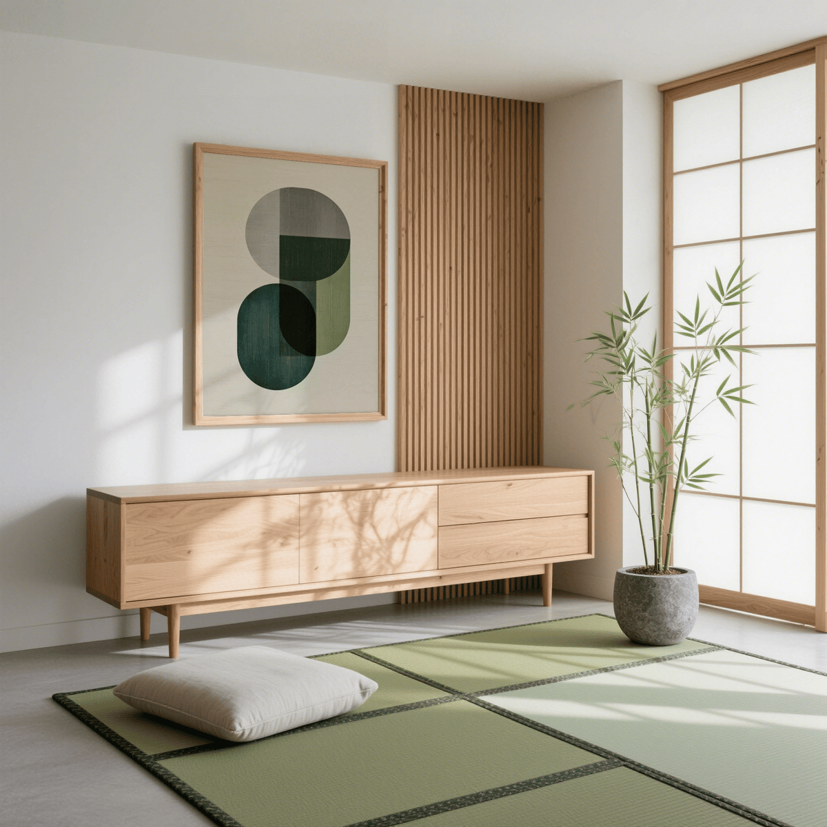 Modern Poster Decor showing overlapping green and grey geometric shapes above a wooden sideboard in a sunlit room