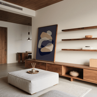 Abstract Art Shapes print leaning on cabinet with wooden shelves and neutral decor