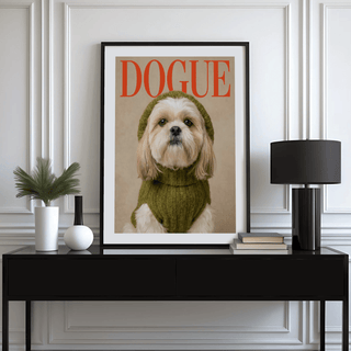 Framed Shih Tzu wall print of a dog in a green knitted sweater on a black console with books and lamp