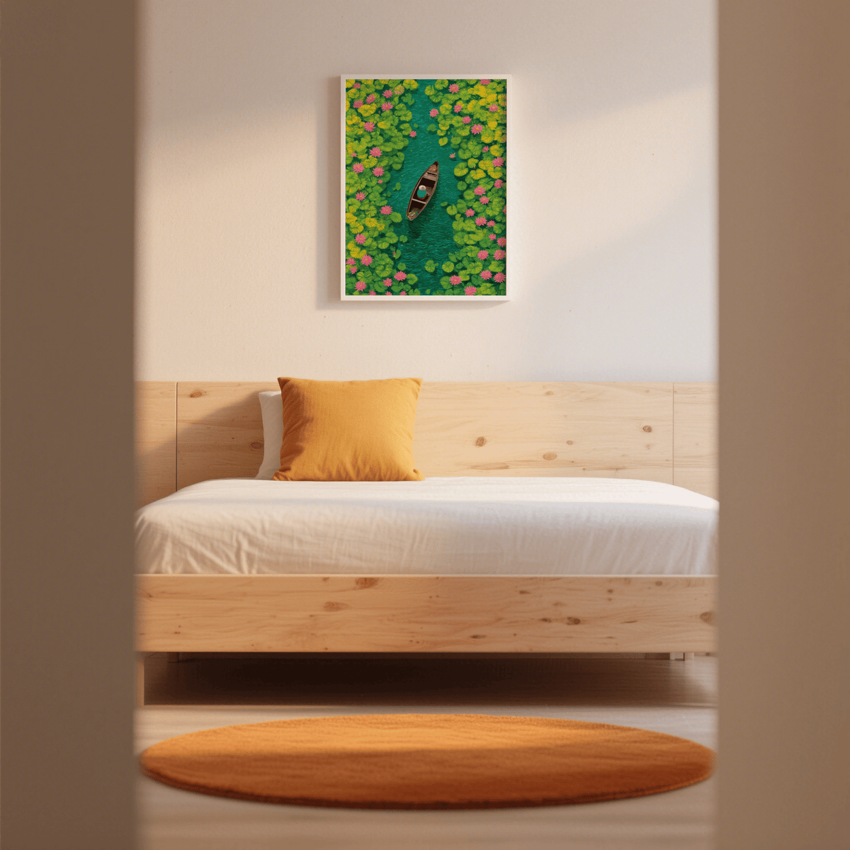 Colorful Water Lily Poster print on a bedroom wall above a bed with orange cushion and rug