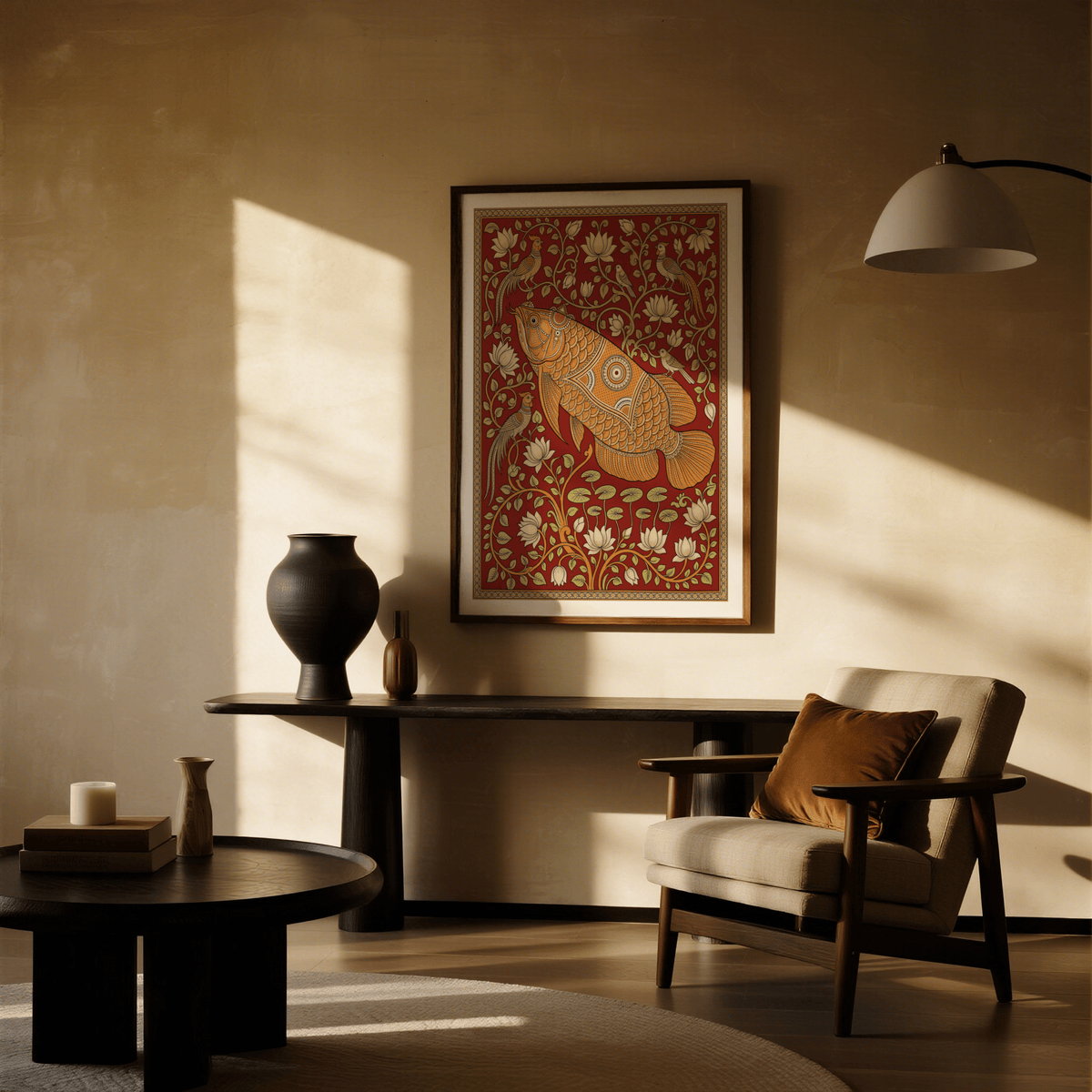 Traditional Indian wall art of a large decorative fish with cream flowers in a warm living room with a vase on a console table