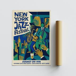 Jazz Music Poster leaning on a surface next to a packaging tube in cream and brown